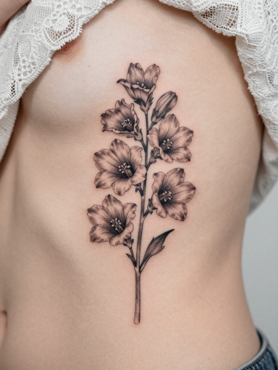 Image Prompt: "Design-focused close-up of a single larkspur stem tattoo on the ribcage, black ink fine line floral design, soft petal detail, light grey shading, realistic skin texture, lace fabric edge softly visible, feminine modern tattoo photo, minimal background, close-up tattoo visibility, tattoo dominates the frame (no watermarks on images)"