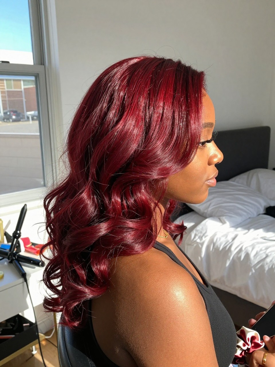 Photo of a black woman wearing glossy cherry red hair in loose brushed waves, side profile view, sun-drenched bedroom setting, natural window light, with a curling iron on the vanity and a silk scrunchie on her wrist, latest iPhone photo quality.