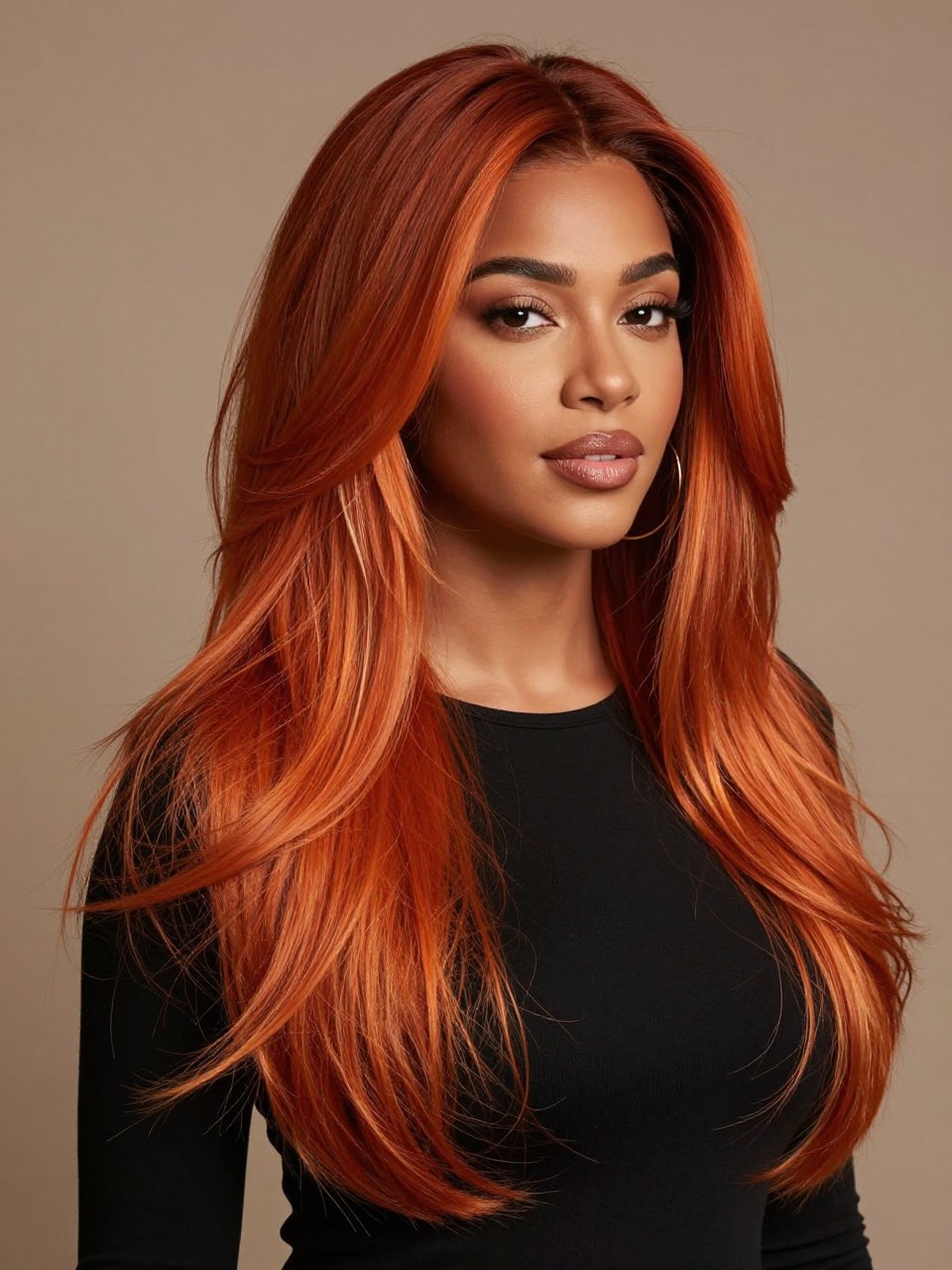 Image Prompt: A confident woman with long layered hair dyed burnt orange fox tail, deep reddish-brown roots blending into burnt orange lengths and copper-gold tips, soft feathered layers, warm deep skin tone, soft matte makeup, glossy lips, gold earrings, black fitted top, clean studio setting, warm diffused lighting, realistic DSLR editorial portrait, detailed layered color movement, no text, (no watermarks on images)