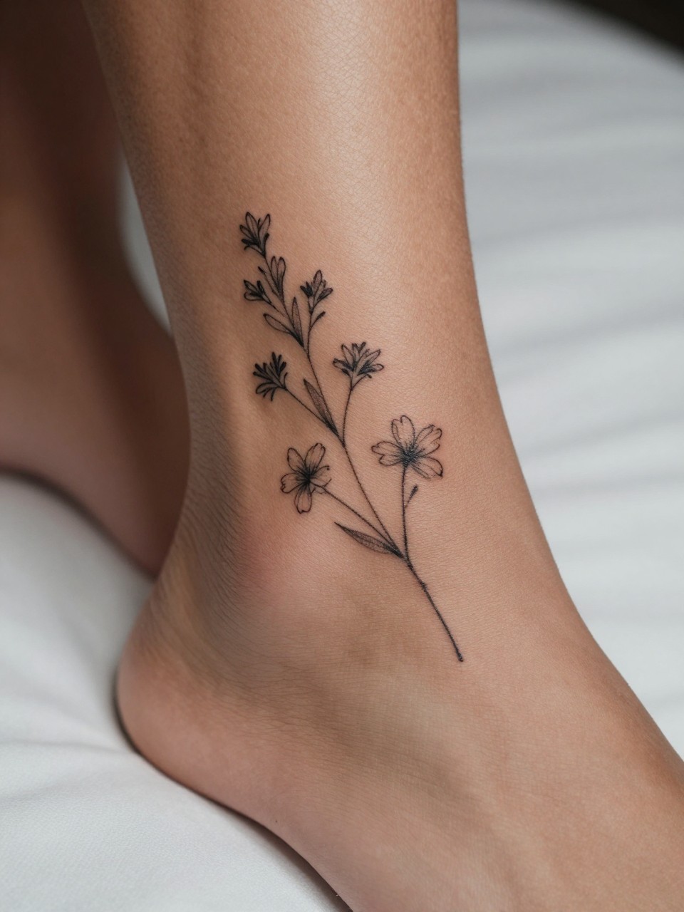 Image Prompt: "Macro shot of a minimalist sampaguita tattoo on dark skin on the ankle, black ink fine line floral design with tiny star-shaped blooms and very subtle shading, realistic skin texture, neutral pedicure, soft bedding in the background, design-first composition, modern feminine tattoo inspiration photo, tattoo clearly in focus (no watermarks on images)"