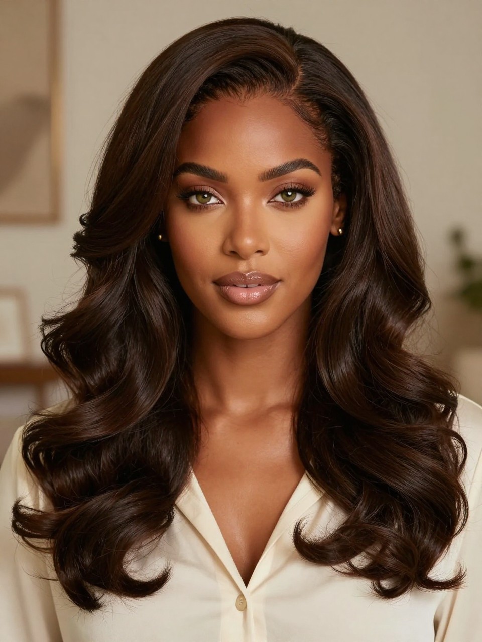 Image Prompt: A stunning black woman with green eyes and long dark chocolate brown hair, rich deep brown shade with soft warm undertones, side part, glossy loose curls, fair neutral skin tone, soft glam makeup, nude glossy lips, gold studs, ivory blouse, cozy indoor background, soft warm lighting, realistic DSLR beauty portrait, detailed chocolate brunette shine and curl movement, no text, (no watermarks on images)
