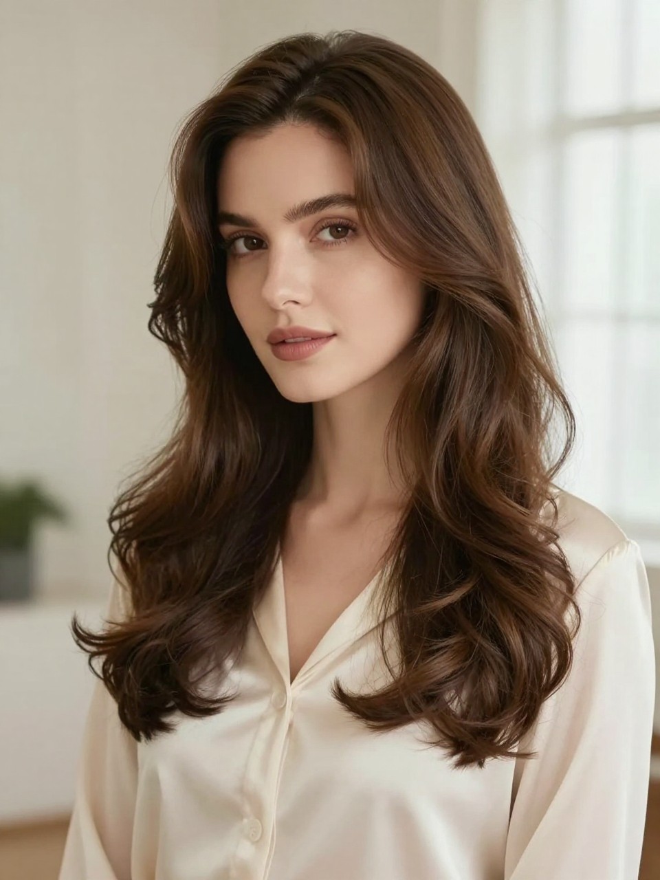 Image Prompt: A photorealistic beauty portrait of a woman with long loose waves and a soft side part, warm brunette hair with subtle highlights, smooth roots with gentle volume, waves falling naturally over one shoulder, soft neutral makeup, cream satin blouse, clean indoor background, natural window light, elegant editorial hairstyle photography, no text, no watermark, no watermarks on images.