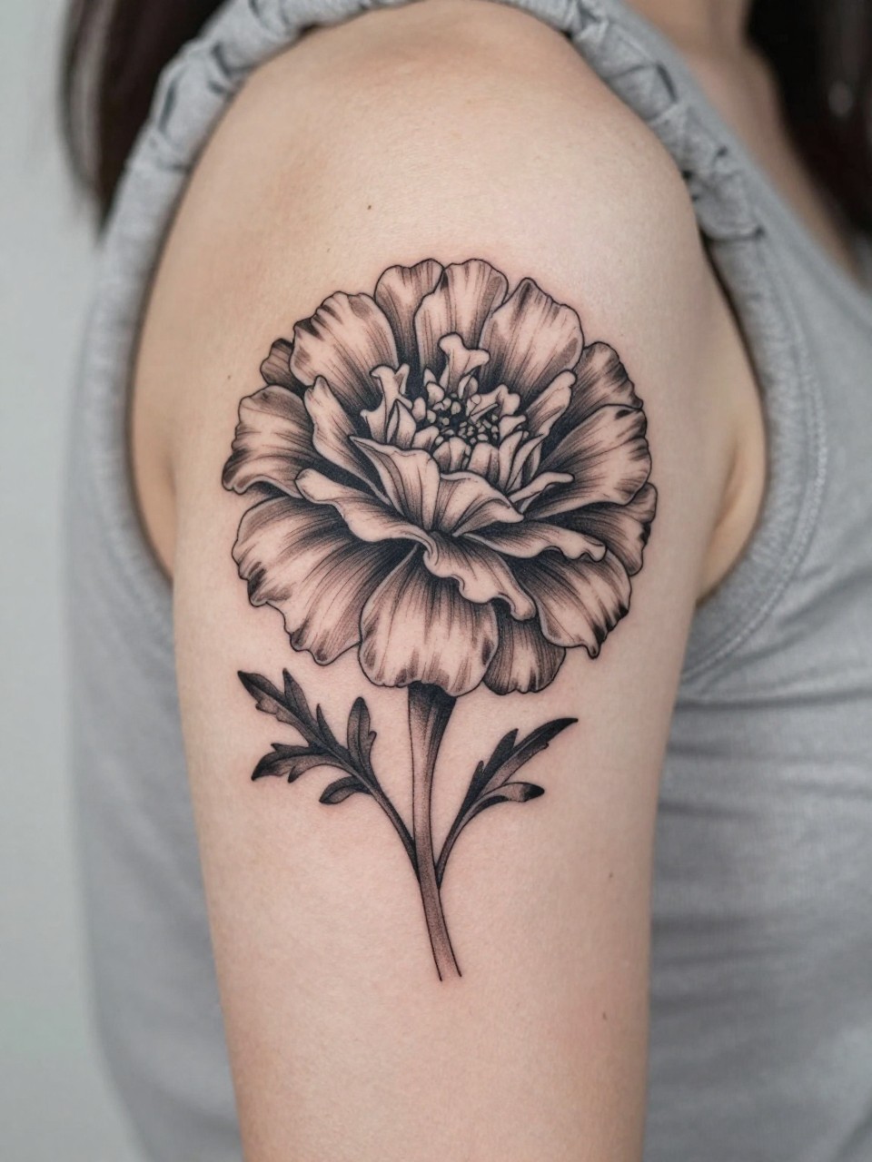 Close-up of a marigold tattoo on the upper arm, black ink floral design with fine line layered petals and soft grey shading, medium-size composition, realistic skin texture, sleeveless blouse edge softly visible, modern feminine tattoo inspiration image, minimal clean background, tattoo dominates the image (no watermarks on images)