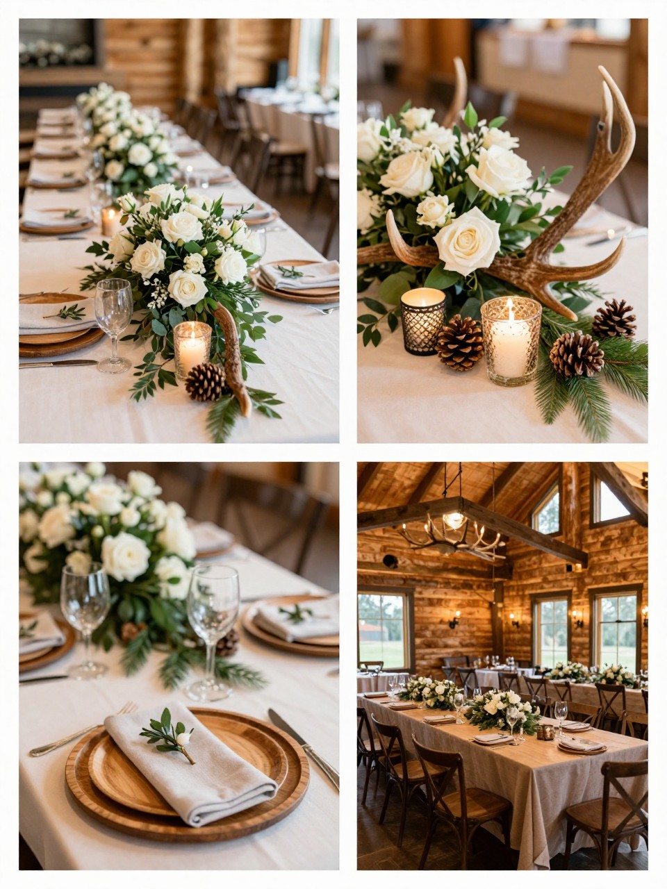 A professional 4-grid wedding decor collage showing Rocky Mountain wedding table decor with antlers and flowers, top-left image featuring a long reception table with white flowers, greenery, candles, and tasteful antler accents, top-right image showing close-up antlers beside roses, pinecones, and candle holders, bottom-left image showing place settings with wood chargers and linen napkins, bottom-right image showing a wider lodge reception table setup with warm lighting, rustic mountain wedding decor, no faces, no watermarks on images.