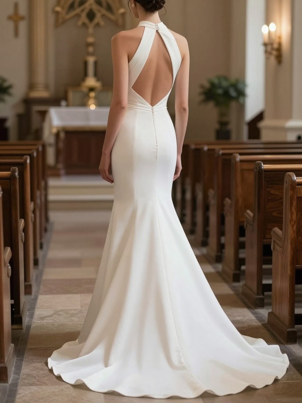 Image Prompt: A refined bridal editorial photo of a halter neck wedding dress with an open back, photographed in a chapel aisle, city venue, or elegant bridal studio. Show the bride from behind only so the face is completely hidden. The gown has a clean halter neckline wrapping around the neck, a low open back, fitted waist, and a flowing skirt with a soft train. Use soft natural light, realistic fabric texture, polished bridal styling, luxury magazine photography, no visible face, no text, no watermark. (no watermarks on images)