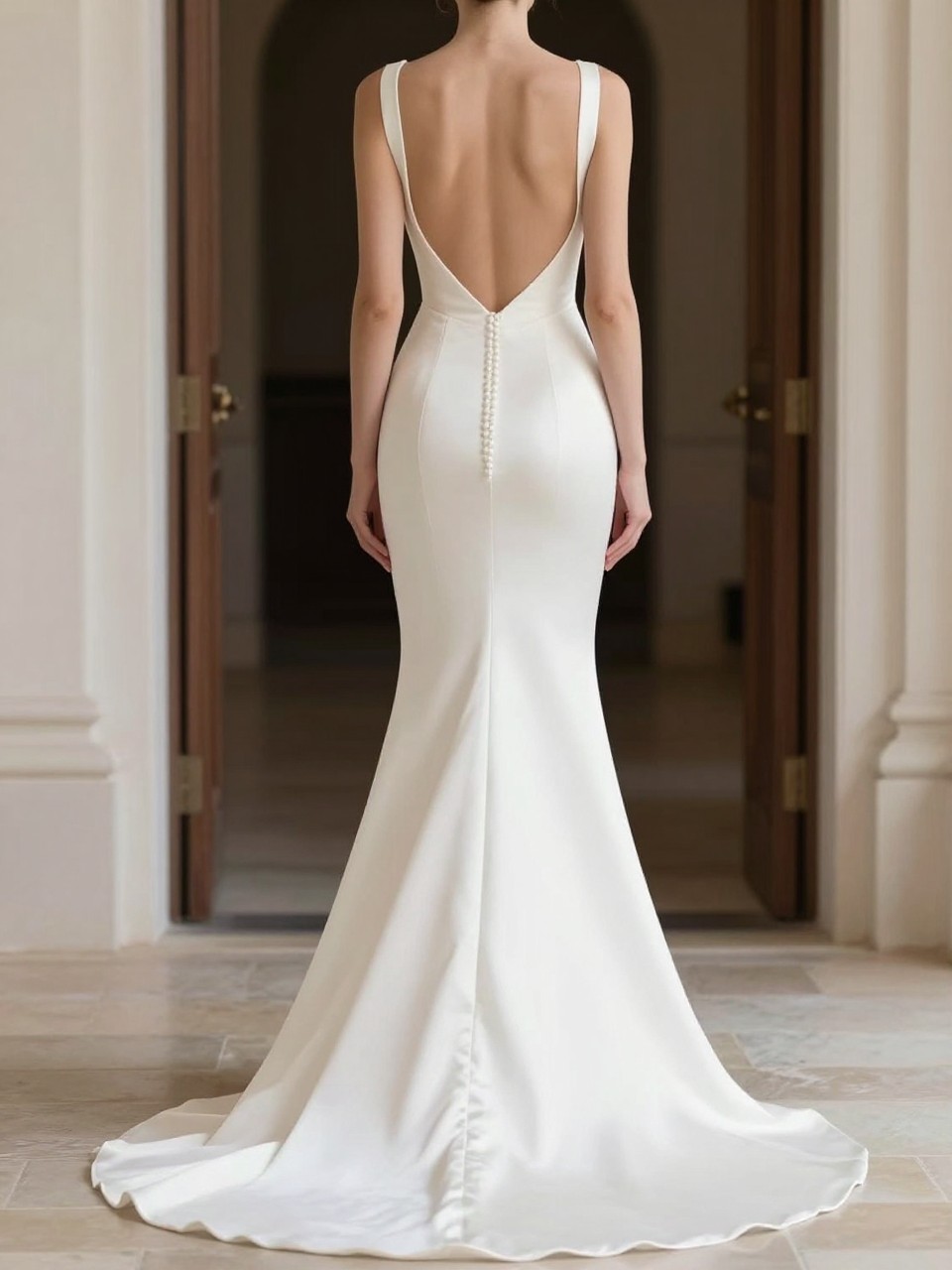 Image Prompt: A luxury bridal editorial image of a bias-cut silk backless wedding gown in a bright bridal suite or elegant chapel entrance. Show the bride from the neck down or from behind with the face fully hidden. The gown features a bias-cut silk silhouette, soft body-skimming drape, thin straps, an elegant open back, and a gentle train. Use soft daylight, realistic silk texture, refined styling, premium wedding magazine quality, no visible face, no text, no watermark. (no watermarks on images)