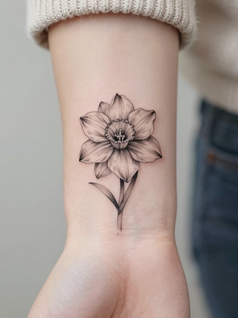 Image Prompt: "Extreme close-up of a fine line narcissus flower tattoo on the inner wrist, delicate black ink floral design with soft layered petals, subtle grey shading, minimalist elegant style, realistic skin texture, neutral manicure, soft knit sweater sleeve slightly visible, design-focused close-up, clean soft background, modern feminine tattoo inspiration photo, tattoo is the clear main subject (no watermarks on images)"