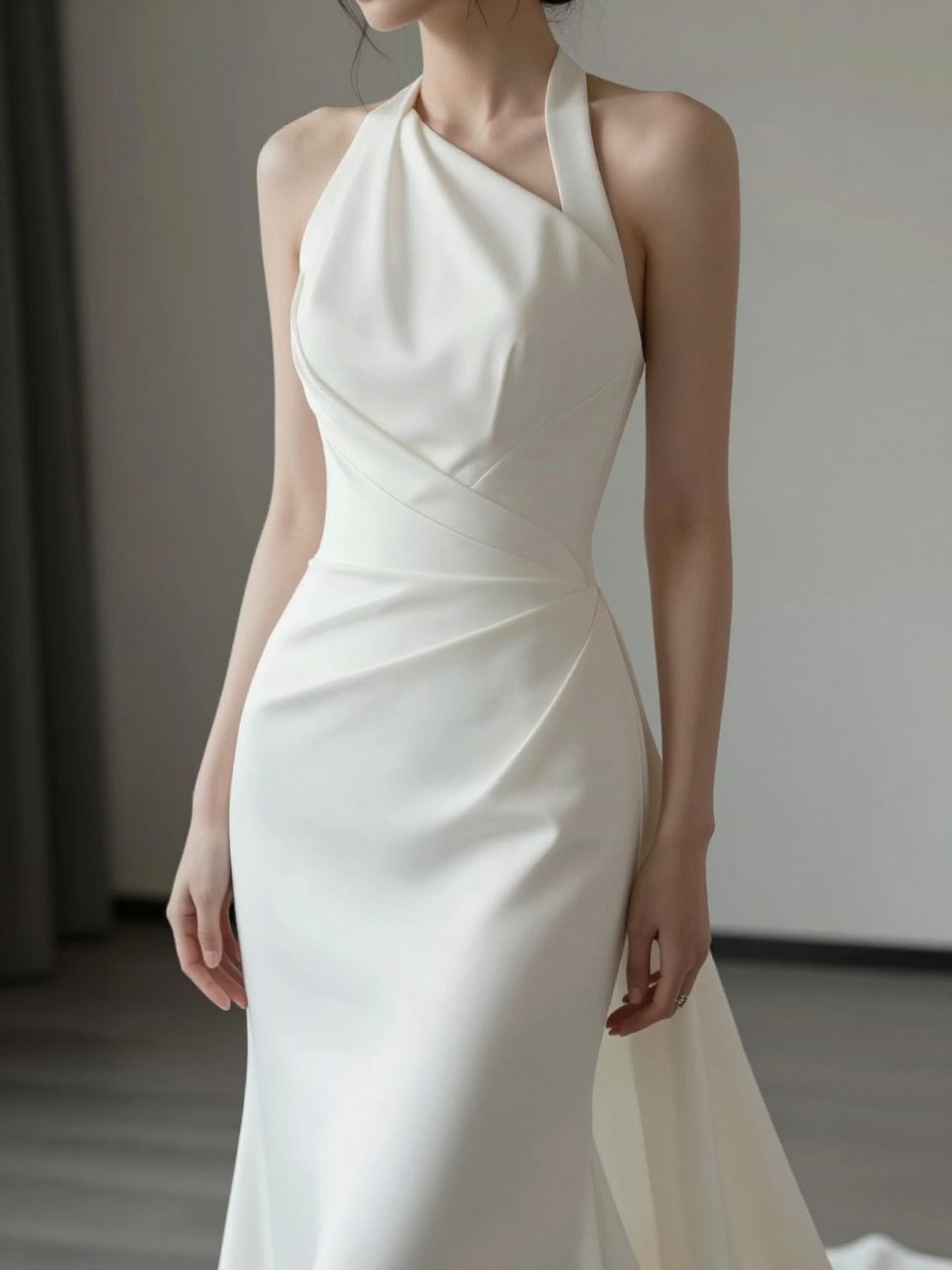 Image Prompt: A high-end bridal editorial image of a draped halter neck wedding dress in a modern bridal studio or elegant indoor wedding venue. Show the bride cropped from the shoulders down or from a side-back angle with the face hidden. The gown has a softly draped halter neckline, gentle folds across the bodice, a defined waist, and a smooth flowing skirt. Use clean natural light, realistic fabric drape, luxury editorial bridal styling, no visible face, no text, no watermark. (no watermarks on images)