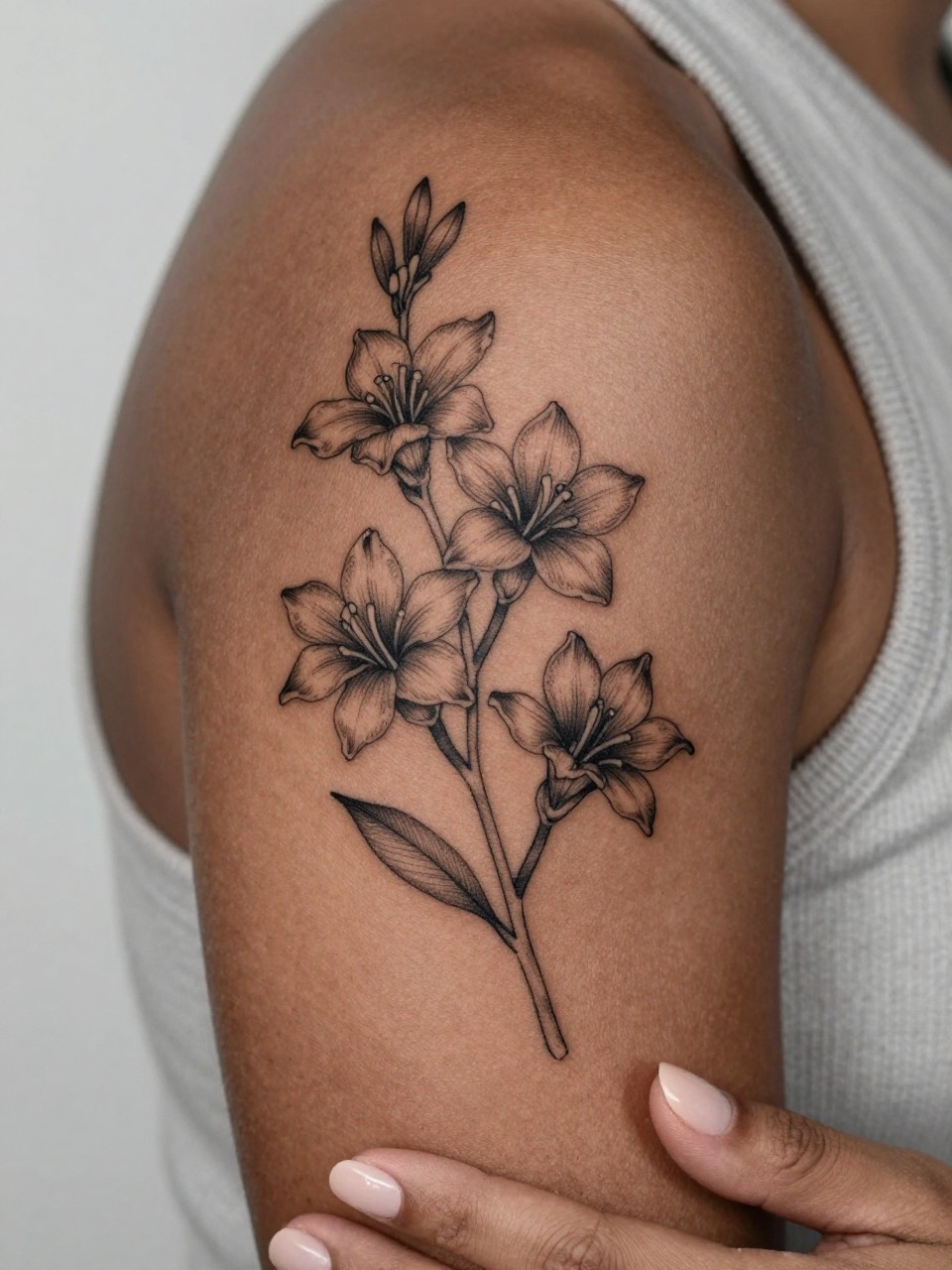 Image Prompt: "Extreme close-up of a Sampaguita Vine on dark skin on the upper arm, black ink fine line floral design with multiple delicate blooms, soft shading, elegant stem arrangement, realistic skin texture, neutral manicure, soft knit fabric slightly visible, design-focused tattoo inspiration photo, clean minimal background (no watermarks on images)"