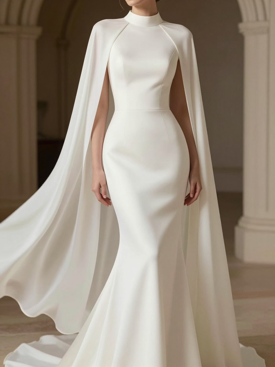 Image Prompt: A refined bridal editorial photo of a high neck sheath wedding dress with a flowing cape, set in a cathedral-inspired interior or bright bridal studio. Show the bride from the shoulders down or from a rear three-quarter angle so the face is hidden. The gown has a sleek sheath silhouette, elegant high neckline, and a cape attached cleanly at the shoulders, flowing behind the dress with soft movement. Use soft directional light, realistic crepe or satin texture, polished luxury bridal styling, no visible face, no text, no watermark. (no watermarks on images)