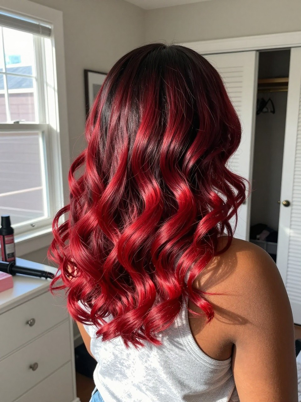 Photo of a black woman wearing cherry red ombre hair with dark roots and bright red ends in loose curls, back-of-head view to highlight the smooth color melt, sun-drenched bedroom setting, natural window light, with a curling wand on the dresser and a slightly open closet behind, latest iPhone photo quality.