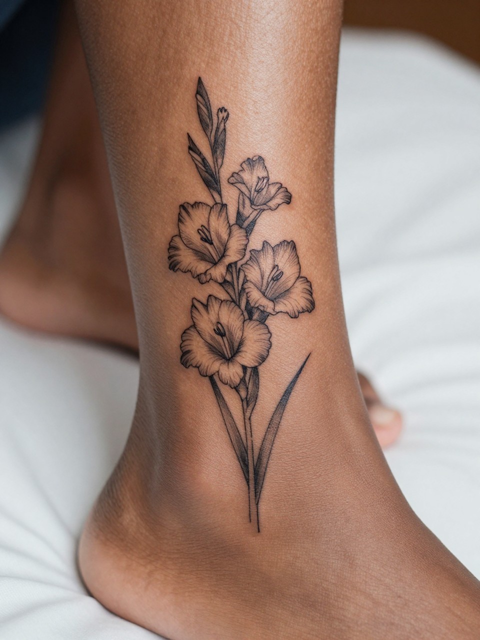 Image Prompt: "Macro shot of a minimalist gladiolus tattoo on the ankle of a black woman, black ink fine line floral design with tiny stacked blooms and very subtle shading, realistic skin texture, neutral pedicure, soft bedding in the background, design-first composition, modern feminine tattoo inspiration photo, tattoo clearly in focus (no watermarks on images)"