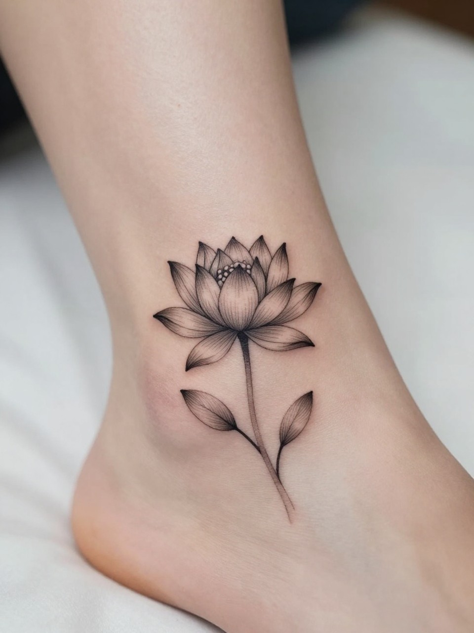 Image Prompt: "Macro shot of a minimalist water lily tattoo on the ankle, black ink fine line floral design, tiny soft petals, very subtle shading, realistic skin texture, neutral pedicure, soft bedding in the background, design-first composition, modern feminine tattoo inspiration photo, tattoo clearly in focus (no watermarks on images)"