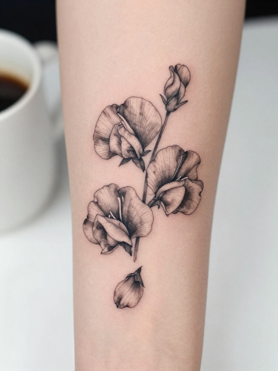 Image Prompt: "Extreme close-up of a sweet pea tattoo with a few falling petals on the forearm, black ink fine line floral design, delicate petal movement, soft shading, realistic skin texture, coffee cup softly blurred nearby, modern feminine tattoo inspiration image, minimal background, tattoo-centered composition (no watermarks on images)"