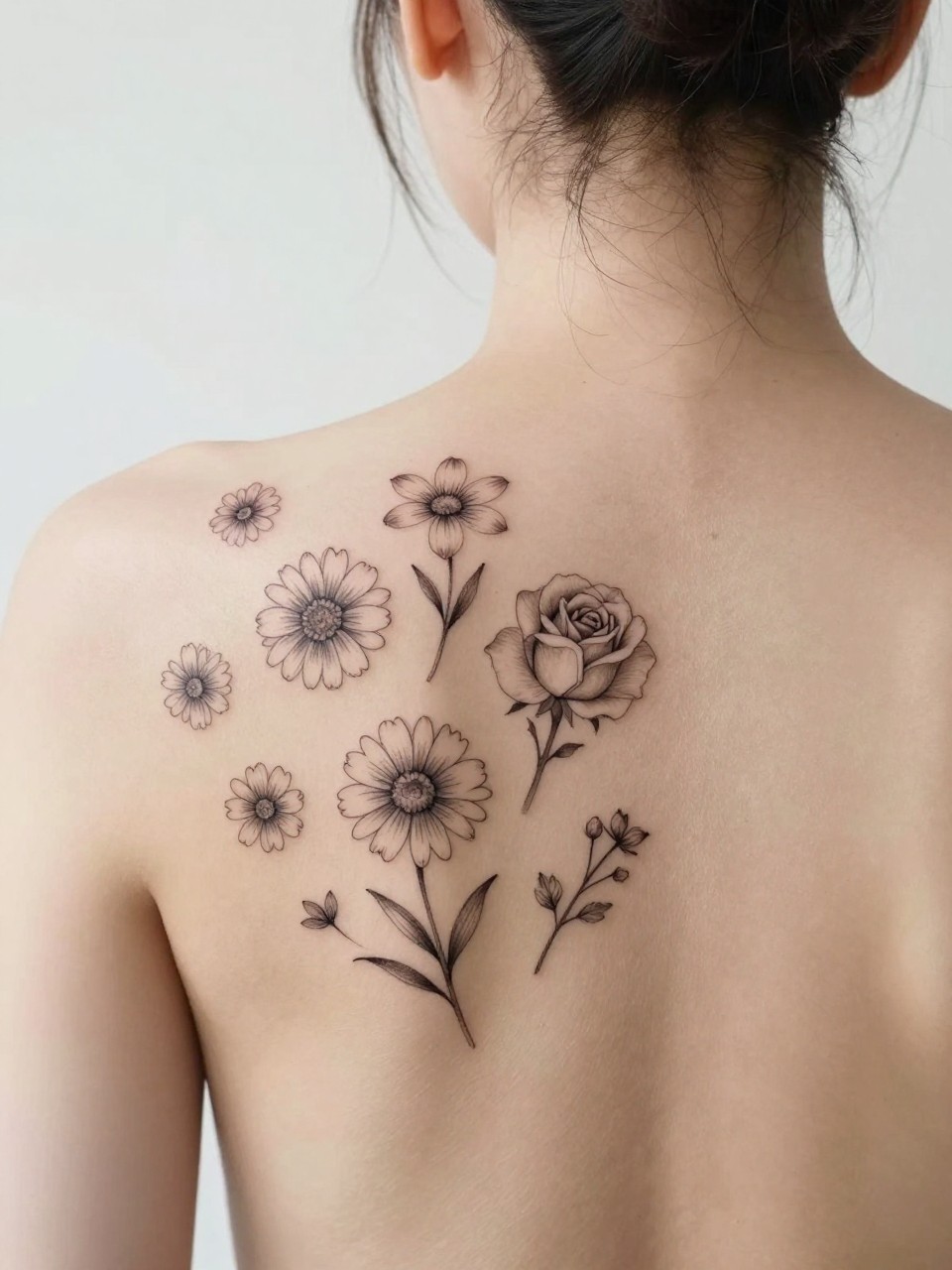 Image Prompt: "Close-up of patchwork floral tattoos across the upper back, separate black ink fine line flowers including daisies, roses, and tiny buds, soft shading, realistic skin texture, hair clipped up, clean feminine tattoo inspiration image, minimal soft background, tattoo collection is the main subject (no watermarks on images)"