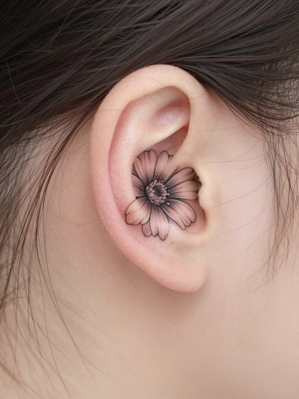 Extreme close-up of a small marigold flower tattoo behind the ear, fine line black ink floral design with layered petals and soft shading, realistic skin texture, a few loose hair strands framing the placement, minimal feminine styling, tight crop, clean soft background, tattoo is the hero of the image (no watermarks on images)