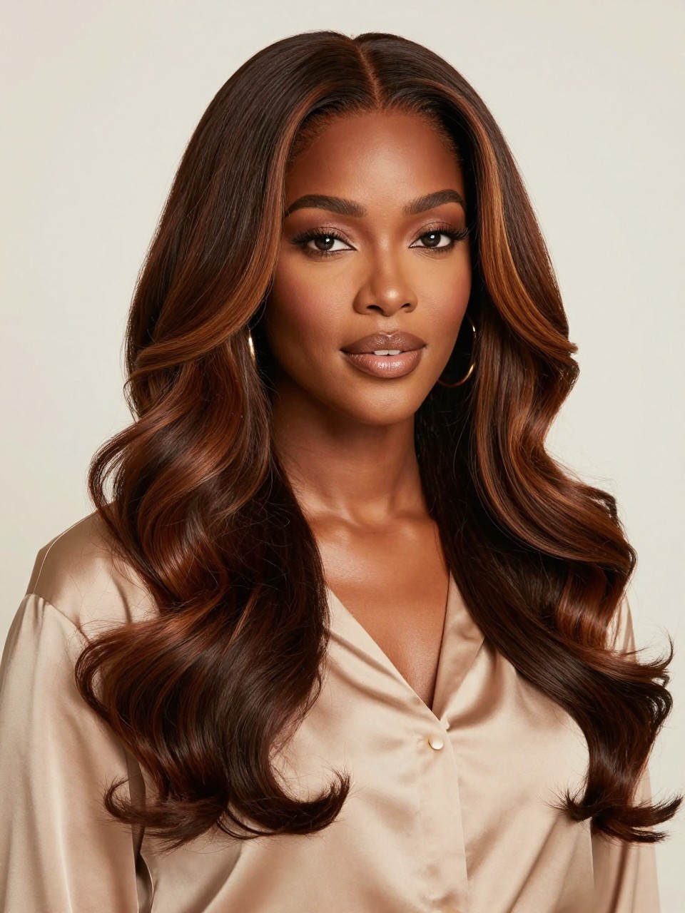 Image Prompt: A gorgeous BLACK woman with long two tone split hair, one side rich chocolate brown and the other side warm caramel brown, middle part, soft flowing waves, glossy finish, warm tan skin tone, bronzed makeup, glossy lips, gold earrings, beige satin blouse, bright neutral studio background, soft warm lighting, realistic DSLR beauty portrait, detailed brunette color contrast and smooth wave movement, no text, (no watermarks on images)