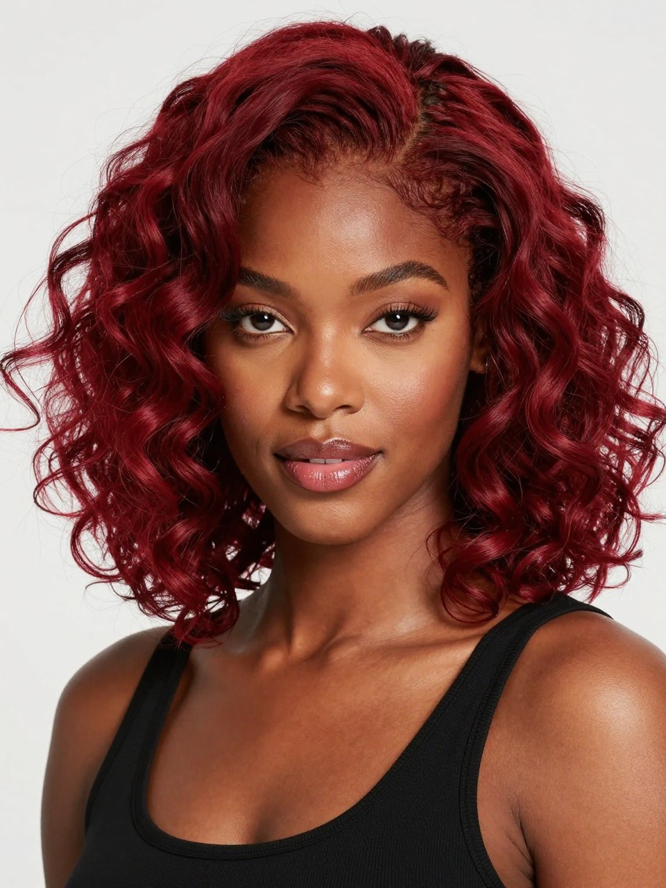 Image Prompt: A beautiful Black woman with shoulder-length cherry red curls, rich red hair color with soft dark roots, defined curls with shine and bounce, deep brown skin, soft berry lip gloss, warm eye makeup, black sleeveless top, clean studio background, soft bright lighting, close-up realistic beauty editorial photo, detailed curl definition and color depth, no text, (no watermarks on images)