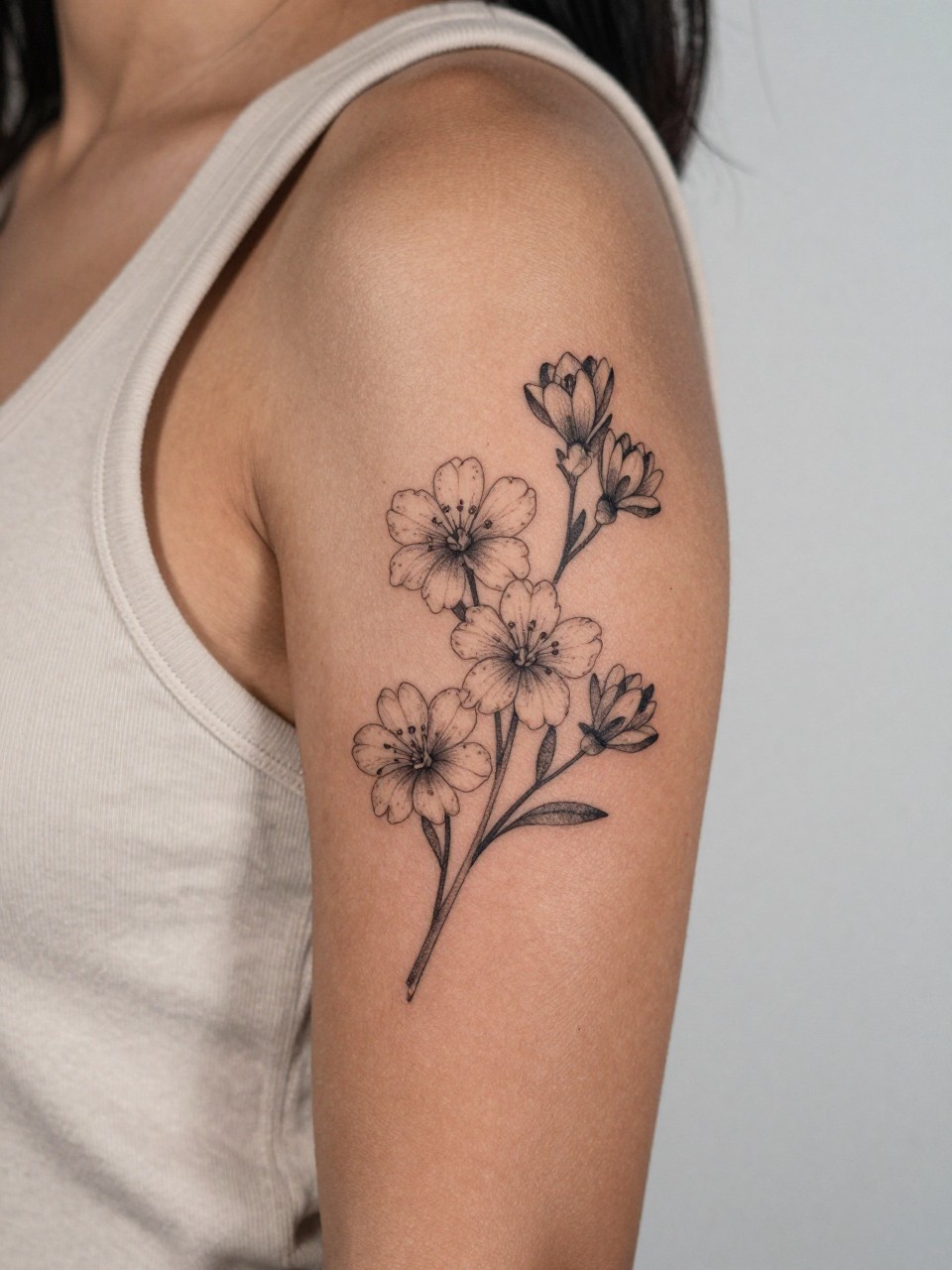 Image Prompt: "Extreme close-up of a sampaguita flower tattoo on dark skin with soft dotwork accents on the upper arm, black ink fine line floral design, tiny blooms, subtle dotwork detail, light shading, realistic skin texture, sleeveless neutral top softly visible, feminine lifestyle-inspired tattoo image, minimal clean background, tattoo is the main focus (no watermarks on images)"