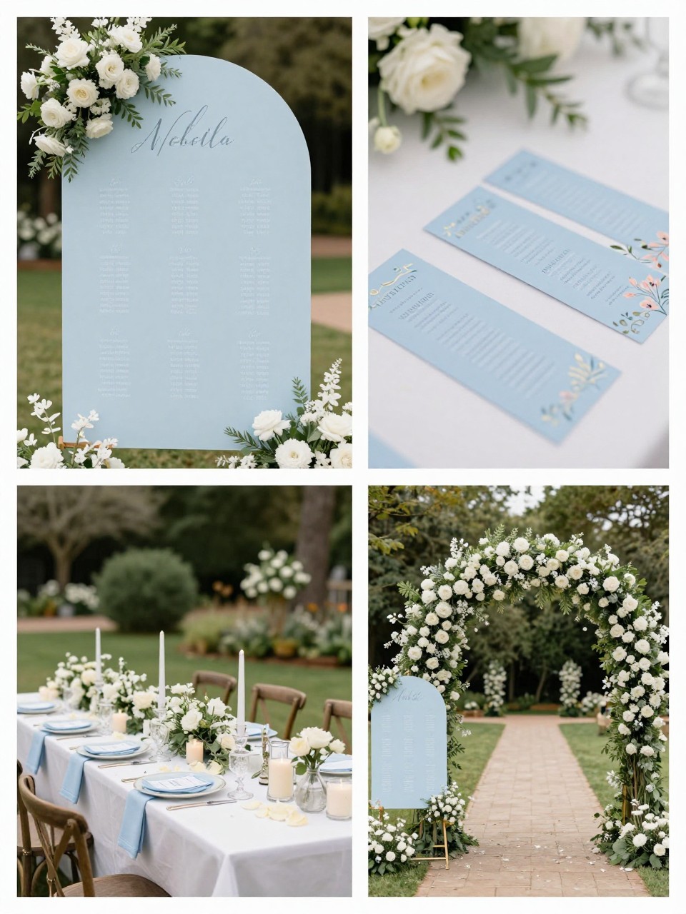 A professional 4-grid wedding decor collage showing a light blue garden wedding seating chart, top-left image featuring a light blue seating chart wall surrounded by white flowers and greenery, top-right image showing close-up blue escort cards with floral details, bottom-left image showing a garden table with blue stationery, candles, and petals, bottom-right image showing the seating chart placed beside a floral entrance walkway, romantic outdoor wedding decor, no people, no faces, no watermarks on images.