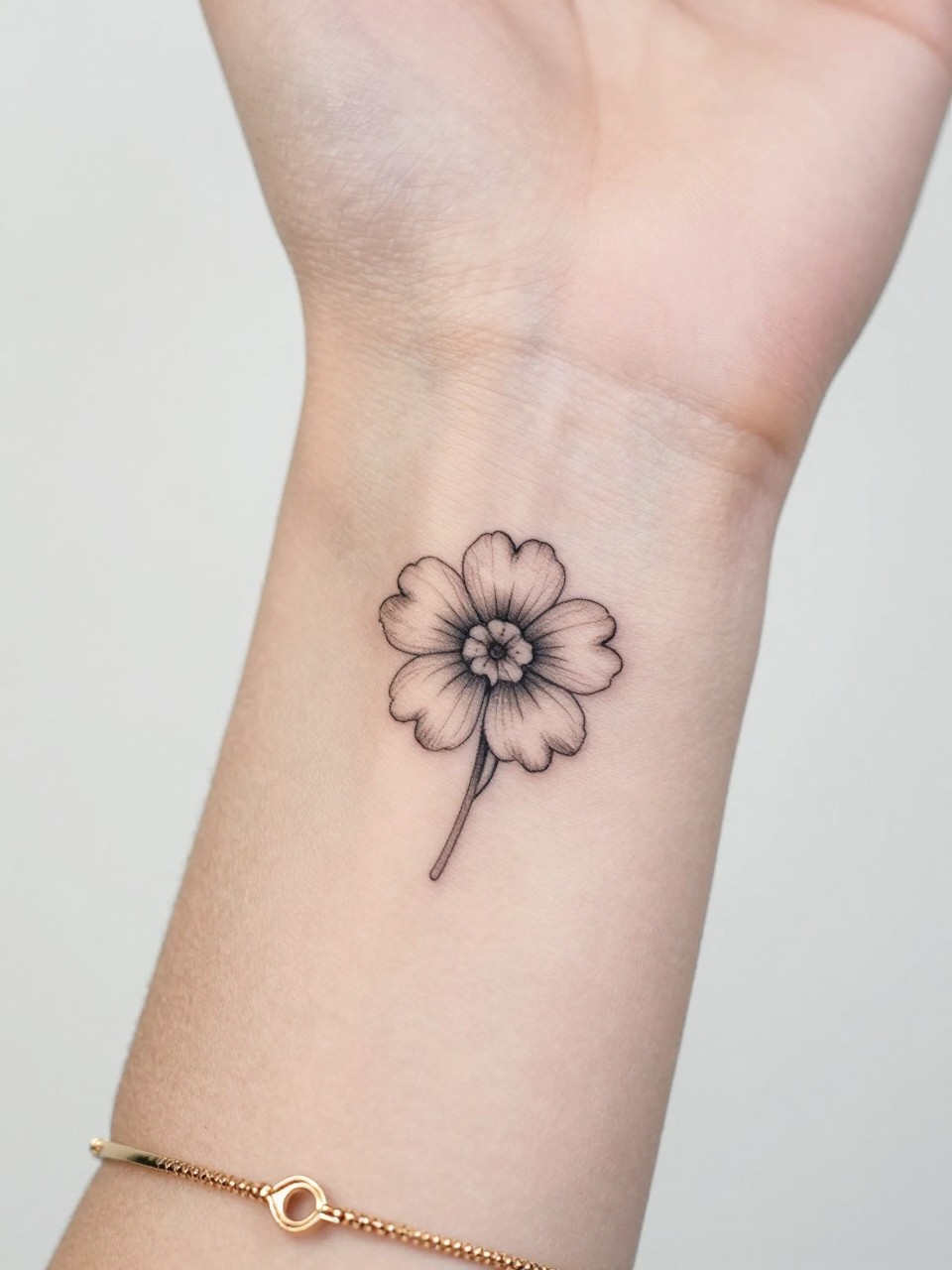 Image Prompt: "Macro shot of a tiny primrose flower tattoo on the inner wrist, black ink fine line floral design with soft petal detail and light shading, minimalist style, realistic skin texture, delicate gold bracelet, tight crop, feminine tattoo inspiration image, clean minimal background, tattoo-centered composition (no watermarks on images)"