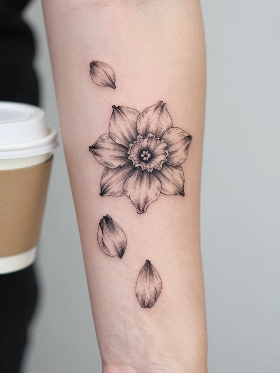 Image Prompt: "Extreme close-up of a narcissus tattoo with a few falling petals on the forearm, black ink fine line floral design, delicate petal movement, soft shading, realistic skin texture, coffee cup softly blurred nearby, modern feminine tattoo inspiration image, minimal background, tattoo-centered composition (no watermarks on images)"
