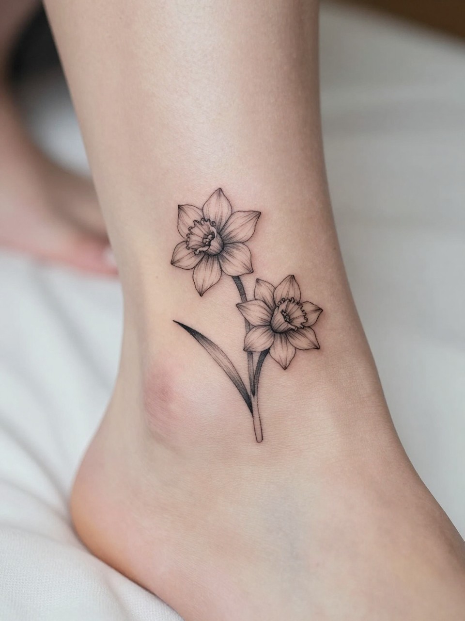 Image Prompt: "Macro shot of a minimalist narcissus tattoo on the ankle, black ink fine line floral design with tiny delicate petals and very subtle shading, realistic skin texture, neutral pedicure, soft bedding in the background, design-first composition, modern feminine tattoo inspiration photo, tattoo clearly in focus (no watermarks on images)"