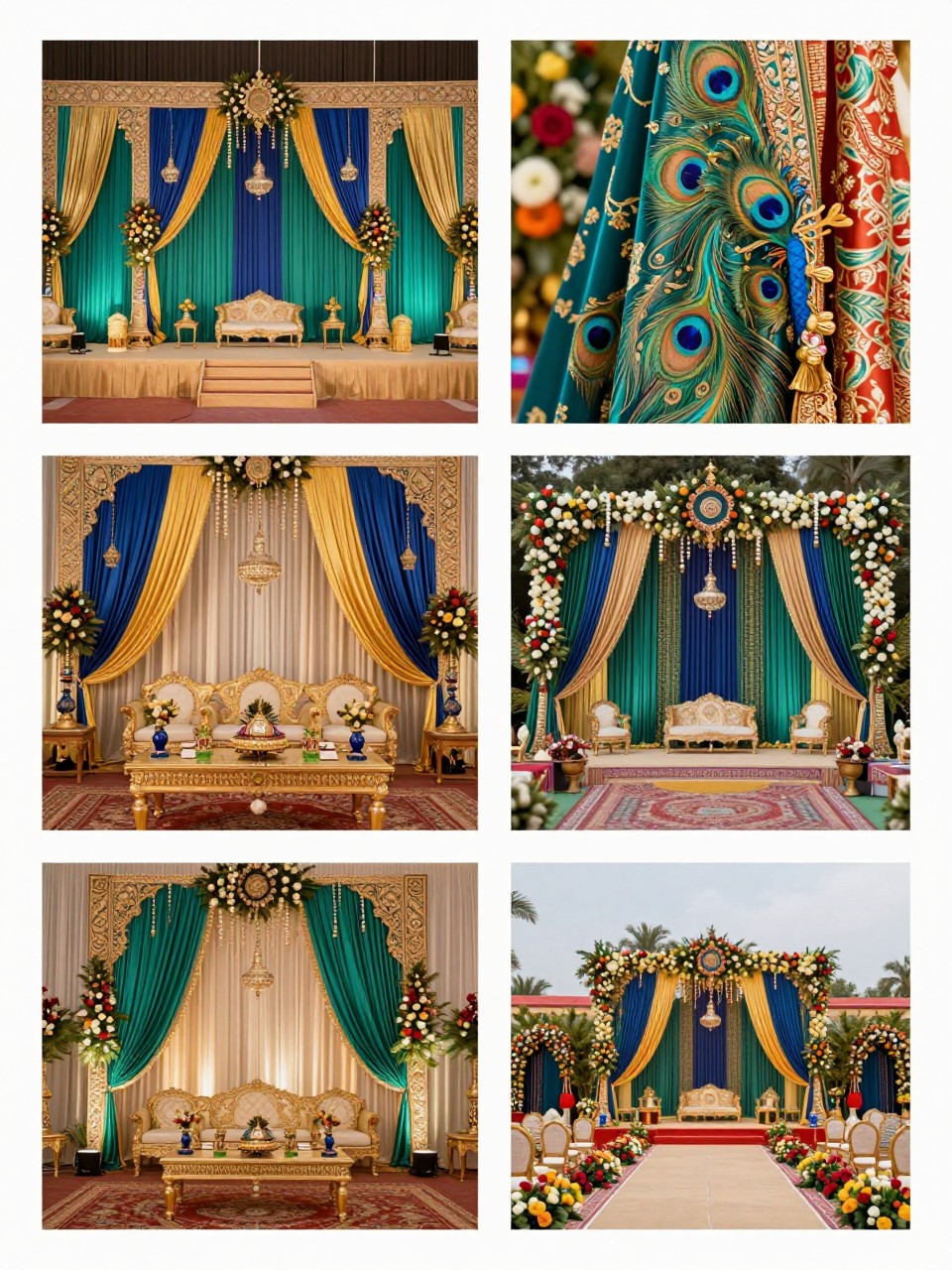 A professional 4-grid wedding decor collage showing royal Indian wedding decor in peacock-inspired colors, top-left image featuring a stage styled in teal, royal blue, emerald, and gold, top-right image showing close-up peacock-toned florals and patterned fabrics, bottom-left image showing a decorated table setup with jewel-toned accents, bottom-right image showing an entrance or seating area with the same rich palette, luxury Indian wedding decor, editorial photography, no faces, no watermarks on images.