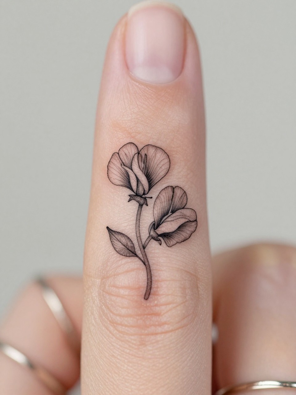 Image Prompt: "Macro shot of a micro sweet pea tattoo on the side of the finger, black ink fine line floral design, tiny stem, curled tendrils, and delicate petals, minimalist micro tattoo style, realistic skin texture, delicate rings, neutral manicure, very tight crop, soft blurred background, feminine tattoo inspiration photo with tattoo as the main focus (no watermarks on images)"