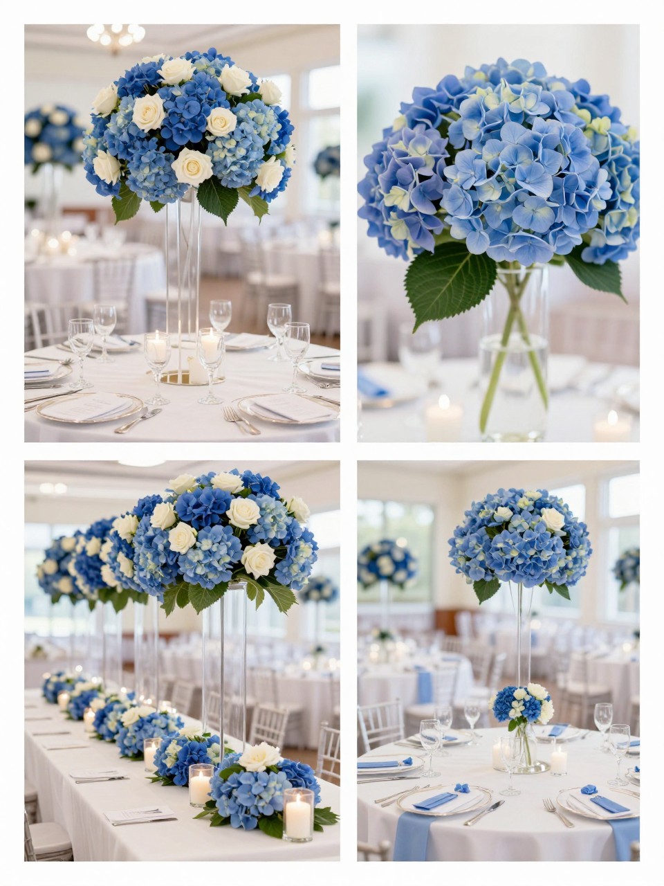 A professional 4-grid wedding decor collage showing blue hydrangea wedding centerpieces, top-left image featuring round reception tables with large blue hydrangea and white rose centerpieces, top-right image showing close-up hydrangea blooms in glass vases, bottom-left image showing a long table with low blue hydrangea arrangements and candles, bottom-right image showing place settings with blue floral details and white linens, bright wedding reception decor, no people, no faces, no watermarks on images.
