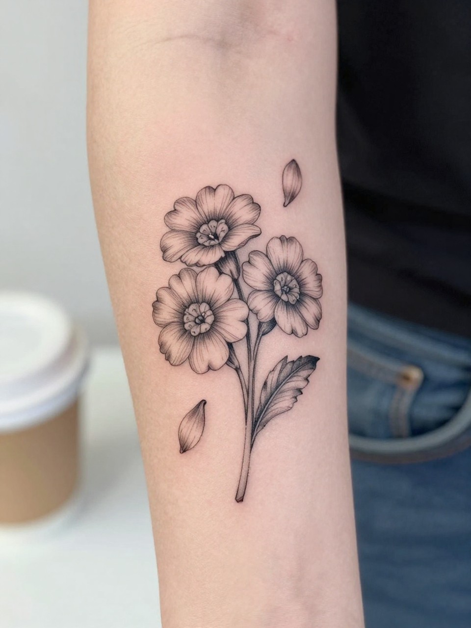 Image Prompt: "Extreme close-up of a primrose tattoo with a few falling petals on the forearm, black ink fine line floral design, delicate petal movement, soft shading, realistic skin texture, coffee cup softly blurred nearby, modern feminine tattoo inspiration image, minimal background, tattoo-centered composition (no watermarks on images)"