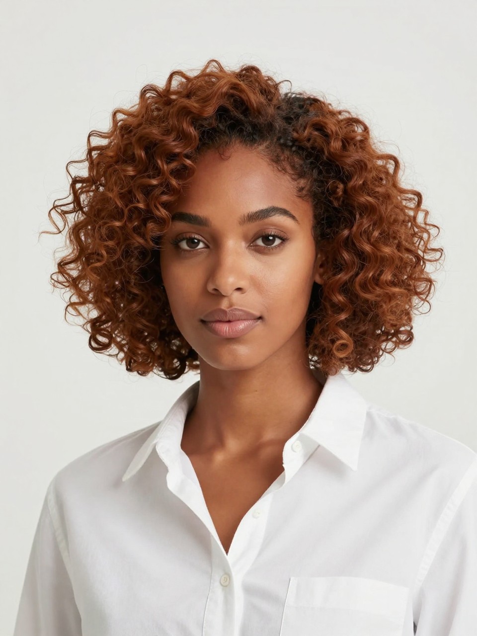 Image Prompt: A pretty Black woman with a chin-length curly bob dyed cinnamon brown, springy defined curls, rounded bob shape, side part, warm brown skin, fresh natural makeup, white button-up shirt, bright clean studio background, soft flattering lighting, realistic beauty editorial photography, crisp curl detail, no text, (no watermarks on images)