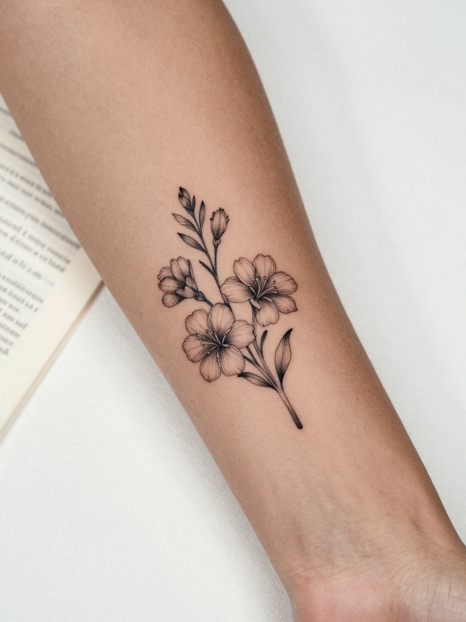 Image Prompt: "Close-up of a sampaguita flower tattoo on dark skin with tiny handwritten name script on the inner forearm, black ink fine line floral design, delicate small blooms, soft shading, elegant cursive detail, realistic skin texture, book page underneath the arm, feminine soft lifestyle context, clean background, tattoo-centered inspiration photo (no watermarks on images)"