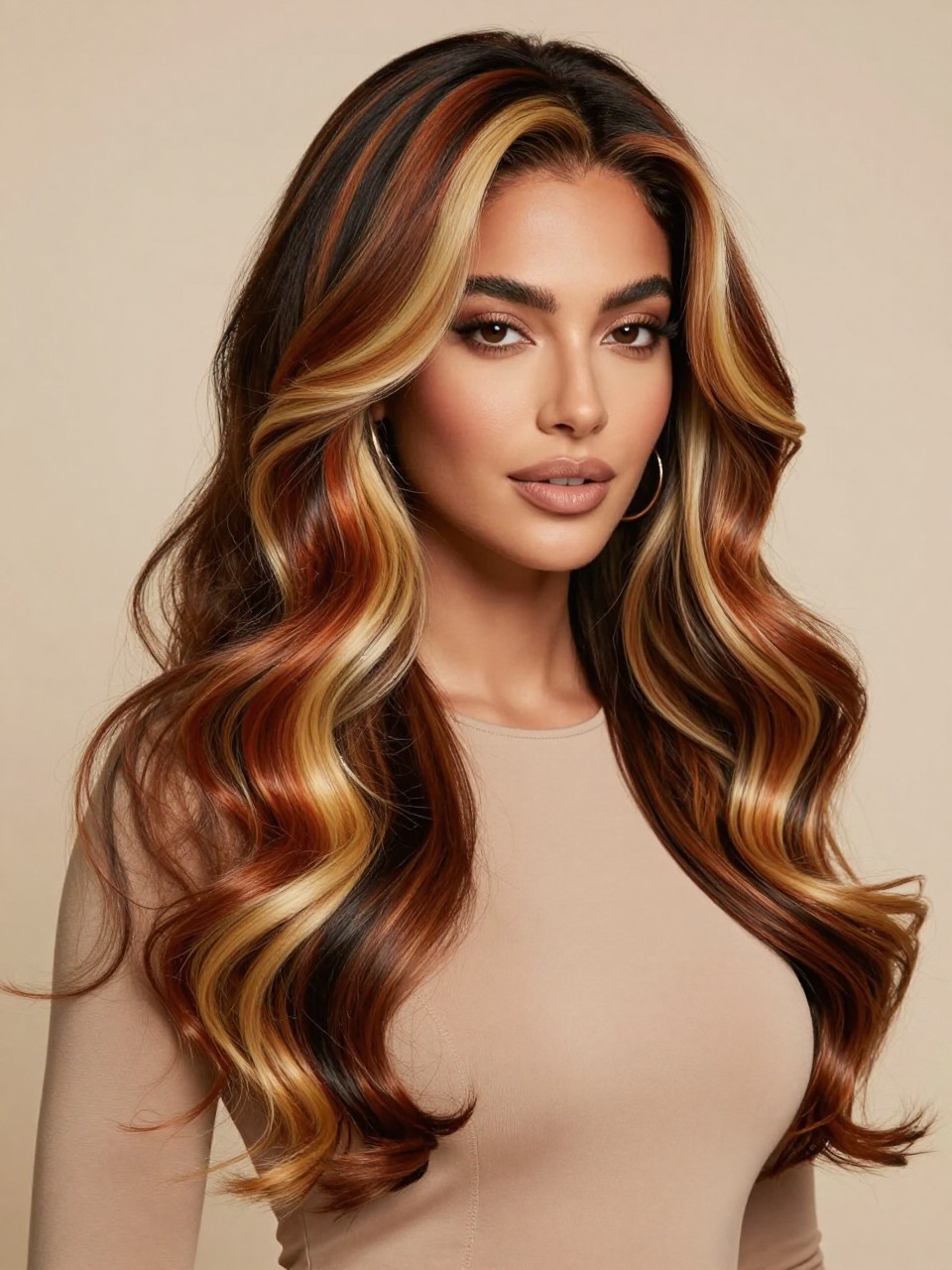 Image Prompt: A beautiful woman wearing a long calico cat wig, natural-looking hairline, layered loose waves with bold sections of black, copper, ginger, honey blonde, and cream blonde, glossy finish, deep brown skin, smooth soft glam makeup, gold earrings, fitted beige top, luxury beauty studio setting, soft warm lighting, realistic editorial portrait, detailed wave texture and patchwork color placement, no text, (no watermarks on images)
