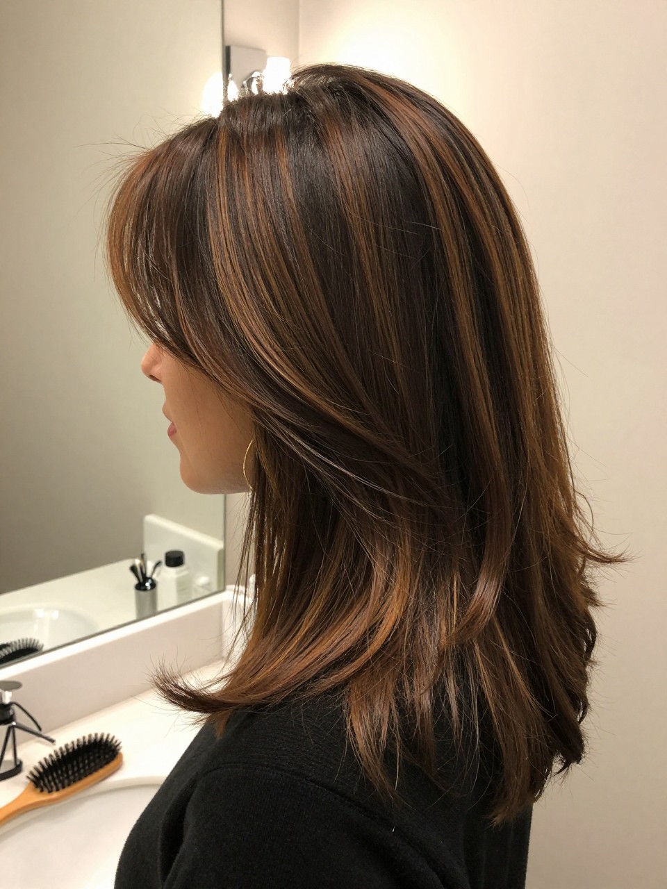 Photo of a woman wearing dark brunette hair with toffee brown highlights in a full soft blowout, side profile view, bathroom vanity mirror setting, soft indoor lighting, with a round brush on the counter and gold earrings peeking through, latest iPhone photo quality.