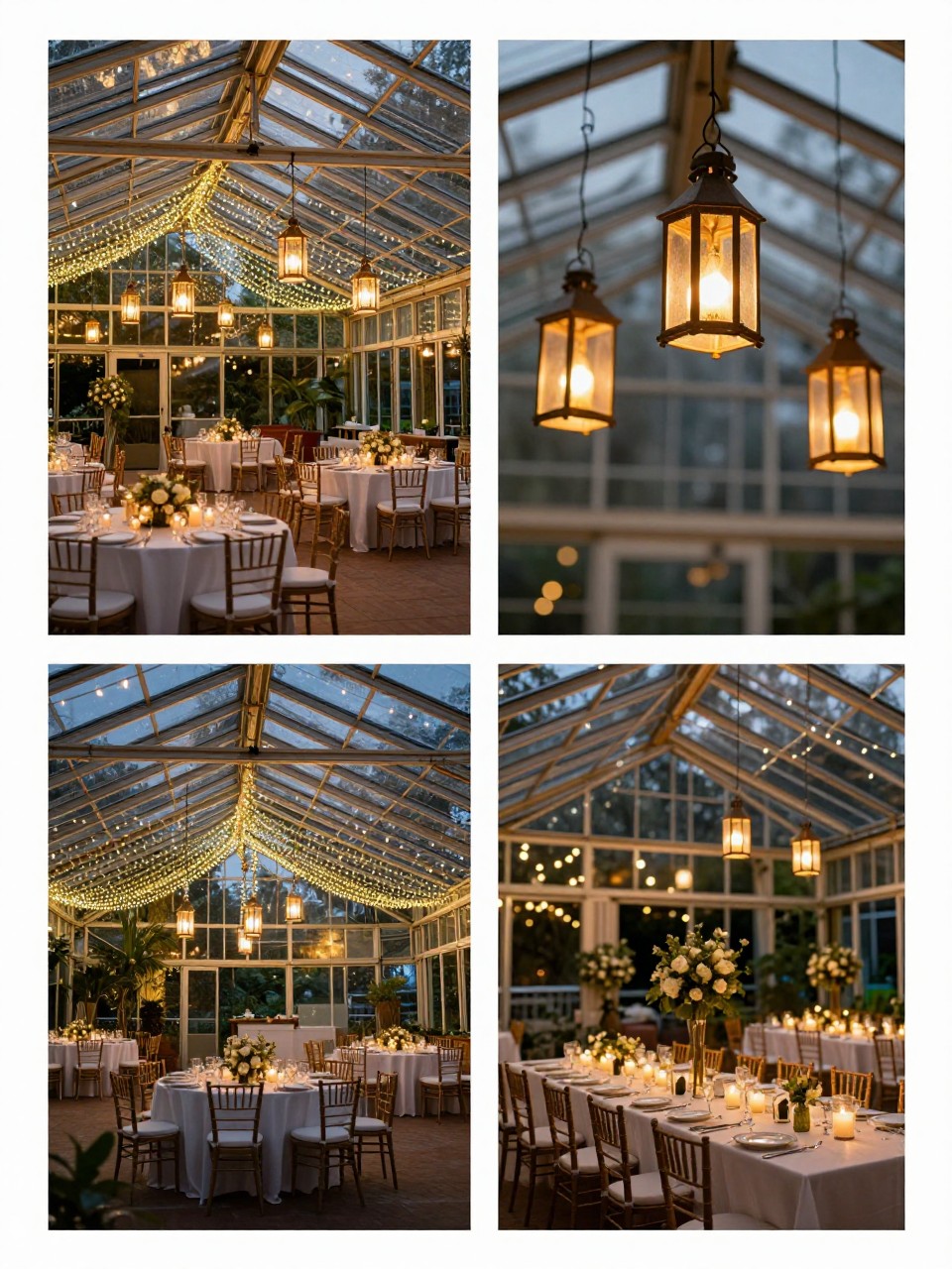 A professional 4-grid wedding decor collage showing hanging lantern and string light decor for a glass greenhouse wedding, top-left image featuring a reception space inside a greenhouse with warm string lights and hanging lanterns above the tables, top-right image showing close-up glowing lanterns against the glass roof, bottom-left image showing the wider evening greenhouse setting with soft lights, bottom-right image showing the dining tables lit by candles and overhead lights, romantic evening wedding decor, no people, no faces, no watermarks on images.
