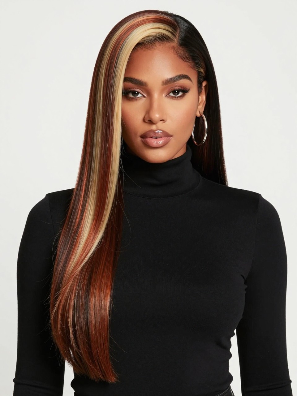 Image Prompt: A confident woman with long sleek hair styled in high-contrast calico split dye, one side glossy black, the other side divided into copper, cream blonde, and warm brown panels, center part, straight shiny texture, deep brown skin, sharp soft glam makeup, glossy lips, silver hoops, fitted black turtleneck, clean studio background, fashion editorial portrait, realistic DSLR image, crisp color blocking, no text, (no watermarks on images)