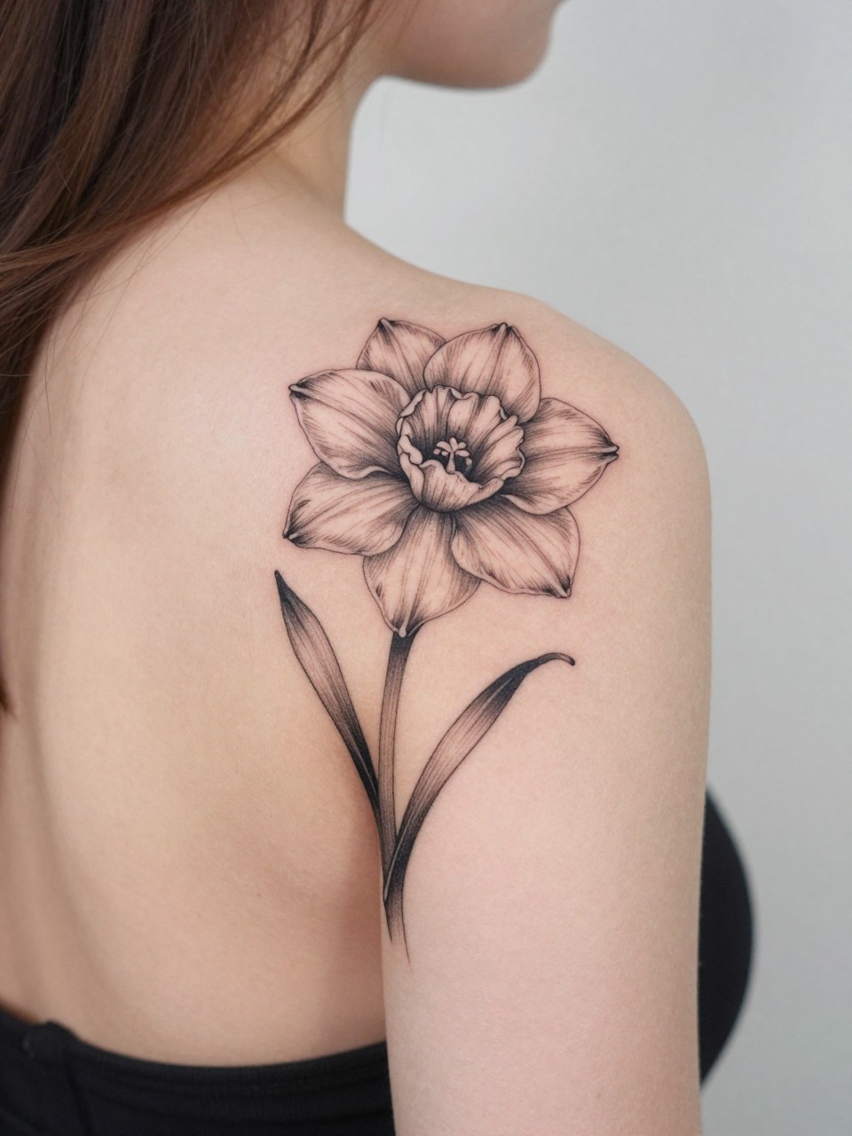 Image Prompt: "Design-focused close-up of a blooming narcissus tattoo on the shoulder blade, black ink fine line floral style with soft grey shading, elegant stem and layered petals, realistic skin texture, hair loosely pinned up, clean feminine styling, soft minimal background, tattoo fills most of the frame (no watermarks on images)"