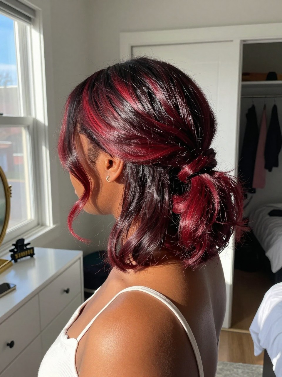 Photo of a black woman wearing dark hair with cherry red peekaboo color showing in a half-up clipped style, back-of-head view to highlight the hidden red layer, sun-drenched bedroom setting, natural window light, with a claw clip on the vanity and a slightly open closet behind, latest iPhone photo quality.