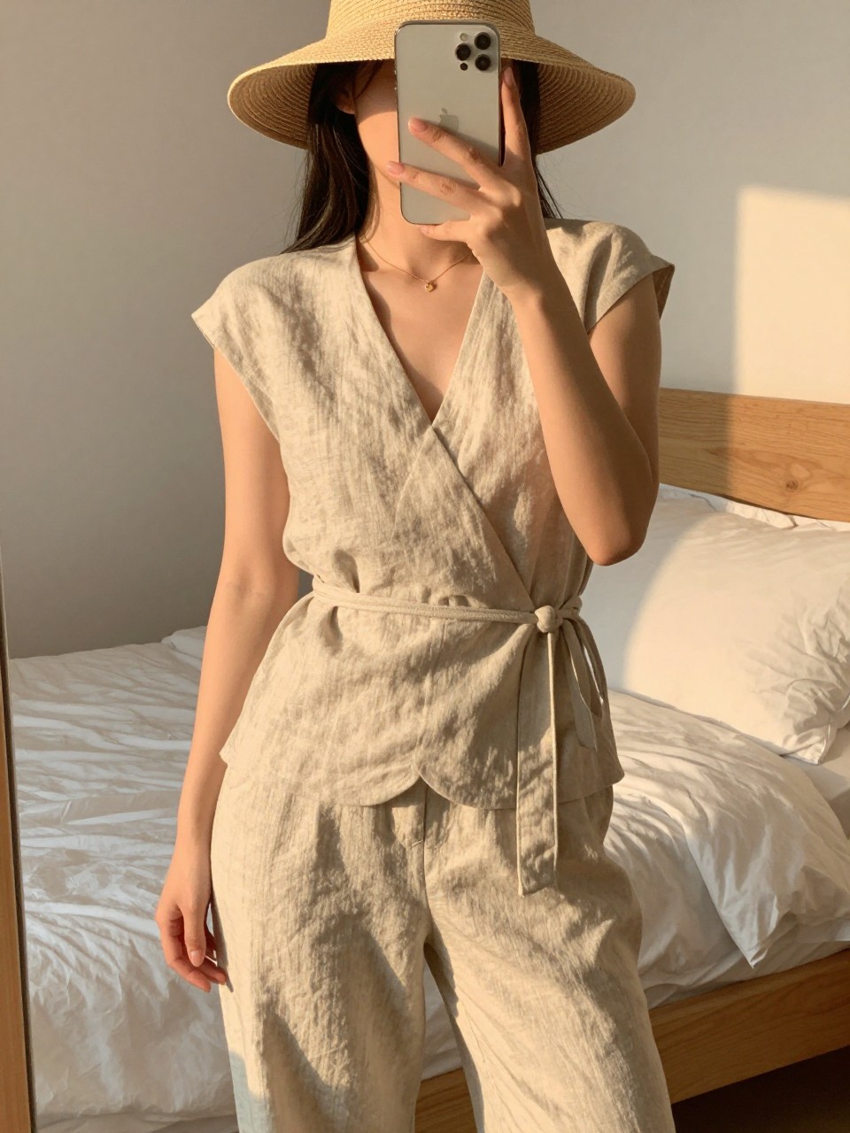 iPhone mirror selfie of a woman in a linen wrap top and pants, adjusting her sun hat, cropped at NECK so face doesn't show, in a feminine-themed bedroom, evening golden hour, iPhone photo quality.