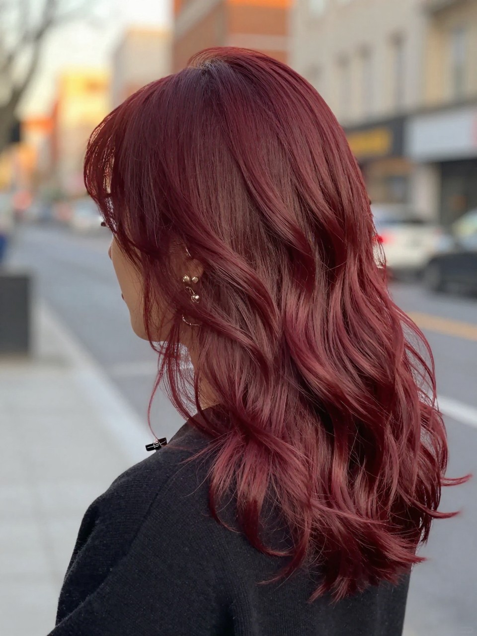 Photo of a woman wearing cherry cola red hair in soft, loose waves, back-of-head view to highlight the deep red shine, softly blurred city street background, golden hour glow, with statement earrings peeking through, and a hair clip clipped to her collar, latest iPhone photo quality.