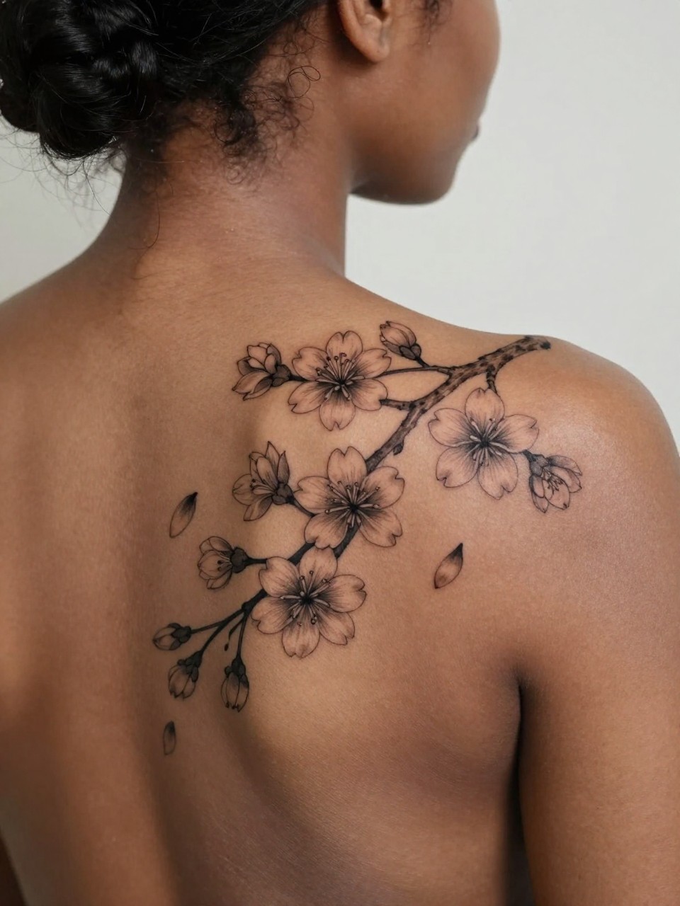 Image Prompt: "Design-focused close-up of a cherry blossom branch tattoo across the upper back of black woman, black and grey fine line sakura flowers with soft shading and a few drifting petals, realistic skin texture, hair pinned up, feminine modern tattoo inspiration photo, soft minimal background, tattoo is the hero of the frame (no watermarks on images)"
