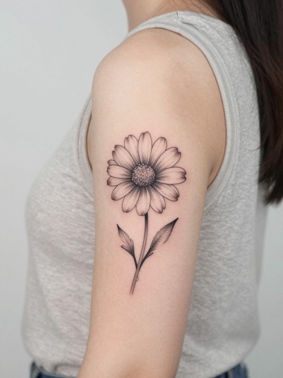Image Prompt: "Close-up of a daisy tattoo with soft dotwork accents on the upper arm, black ink fine line floral design, open petals, subtle shading, delicate dotwork detail, realistic skin texture, sleeveless neutral top softly visible, feminine lifestyle-inspired tattoo image, minimal clean background, tattoo is the main focus (no watermarks on images)"