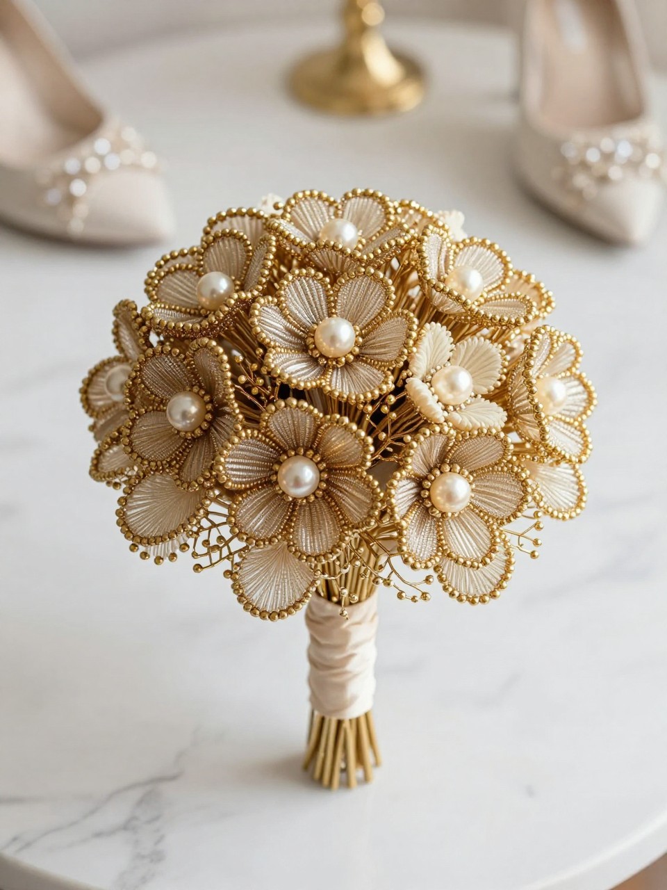 A gold and champagne beaded flower bouquet made with metallic gold seed beads, champagne glass bead petals, pearl bead centers, soft ivory accents, gold wire stems, and a cream satin handle, displayed on a white marble surface with elegant wedding accessories, luxury editorial bridal photography, no people, no faces, warm soft lighting, realistic DSLR quality, no watermarks on images.