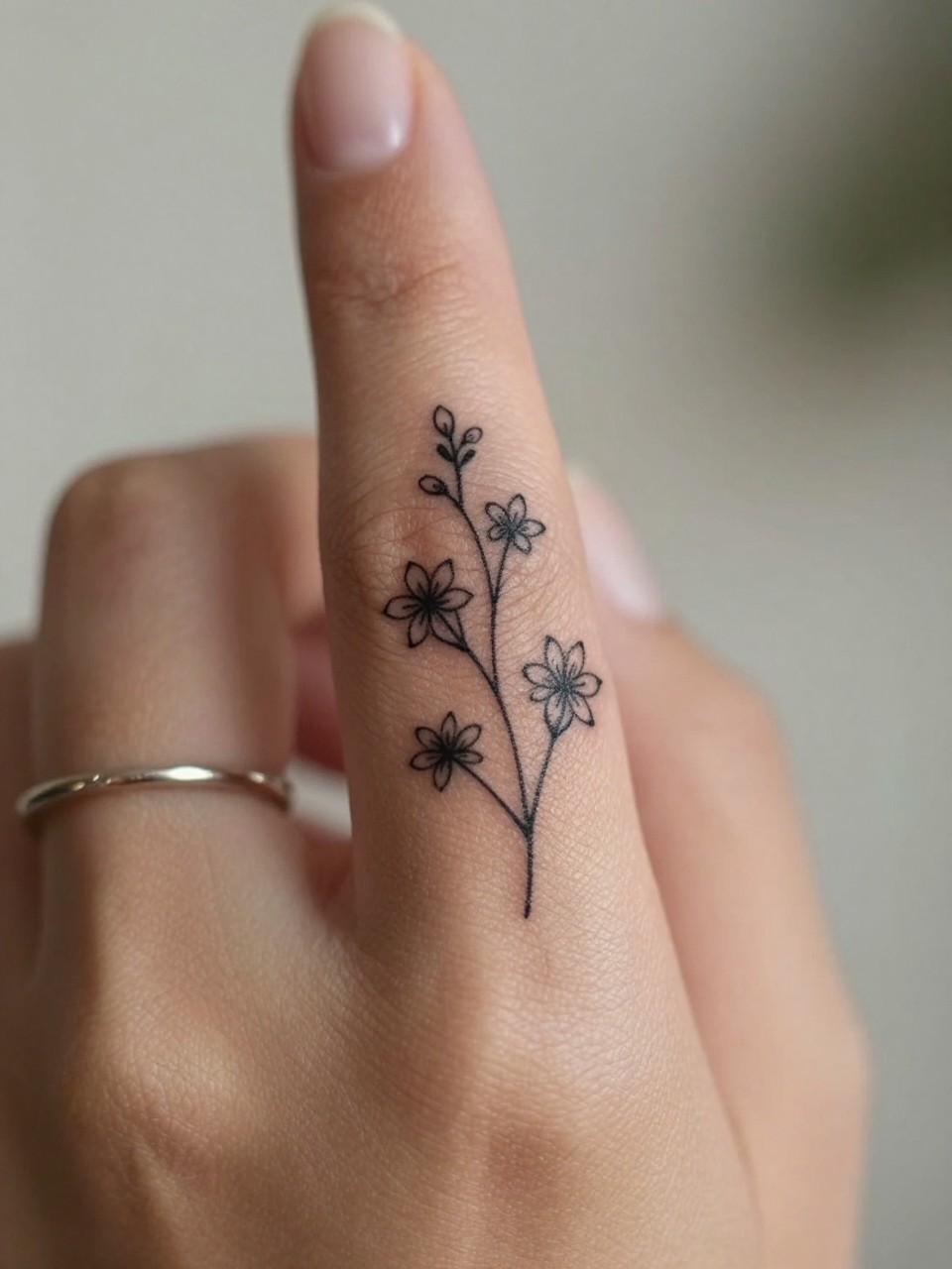 Image Prompt: "Macro shot of a micro sampaguita tattoo on the side of the finger on dark skin, black ink fine line floral design, tiny stem and delicate star-shaped petals, minimalist micro tattoo style, realistic skin texture, delicate rings, neutral manicure, very tight crop, soft blurred background, feminine tattoo inspiration photo with tattoo as the main focus (no watermarks on images)"