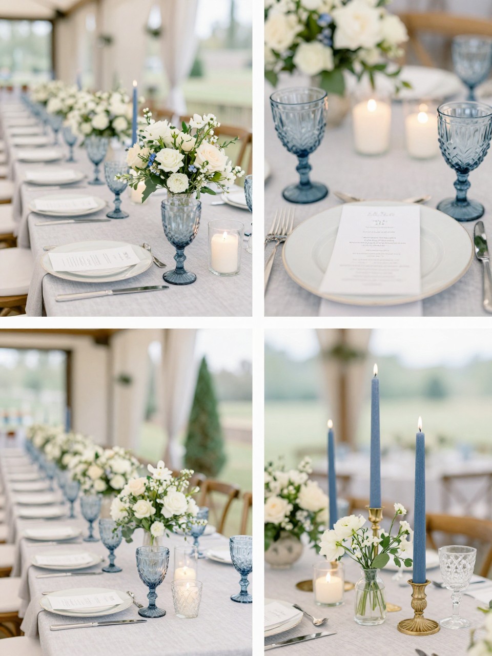 A professional 4-grid wedding decor collage showing blue glassware wedding table styling, top-left image featuring reception tables with blue goblets, white plates, pale linens, and floral centerpieces, top-right image showing close-up blue glass goblets beside candles and menus, bottom-left image showing a long table with soft blue glassware repeated across each place setting, bottom-right image showing a small tablescape detail with blue taper candles and flowers, elegant wedding table decor, natural light, no faces, no watermarks on images.