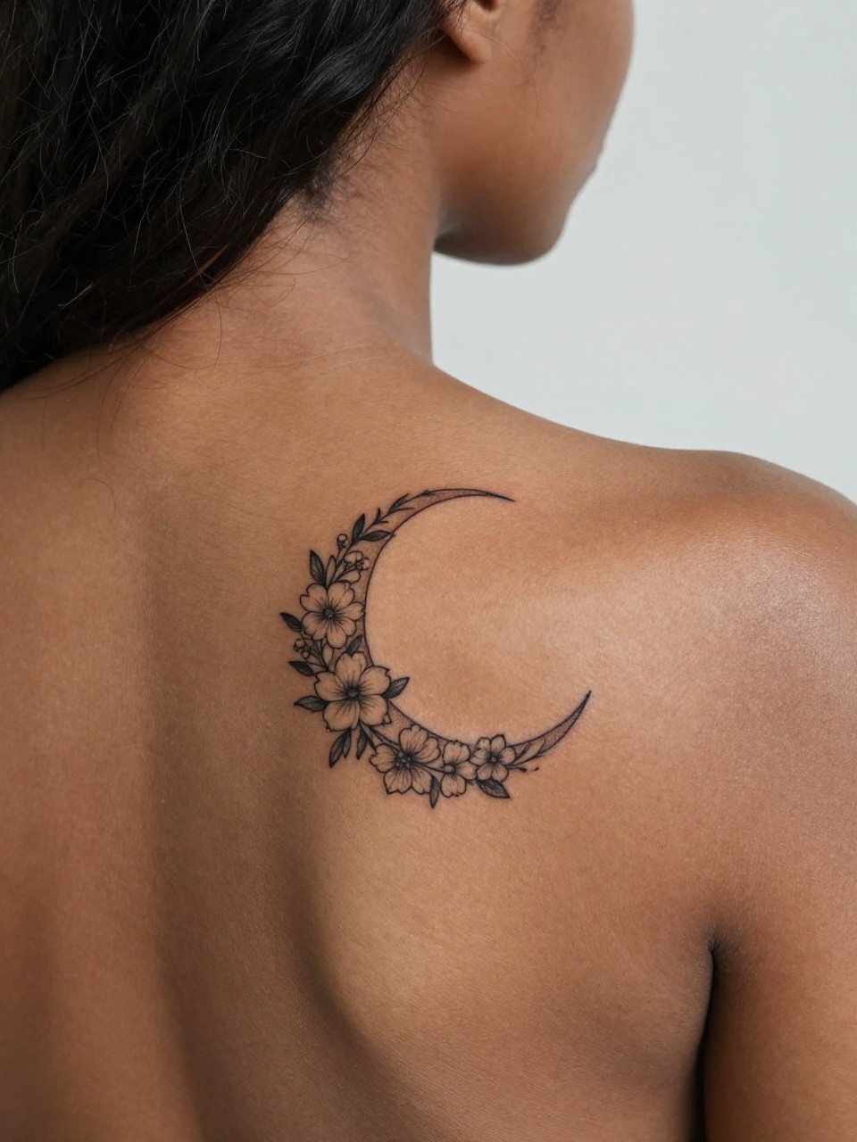 Image Prompt: "Extreme close-up of a floral crescent moon tattoo on the upper back of black woman, black ink fine line design made of tiny flowers and leaves, soft shading, delicate curved composition, realistic skin texture, hair loosely pinned, clean feminine tattoo inspiration photo, soft minimal background, tattoo is the hero (no watermarks on images)"
