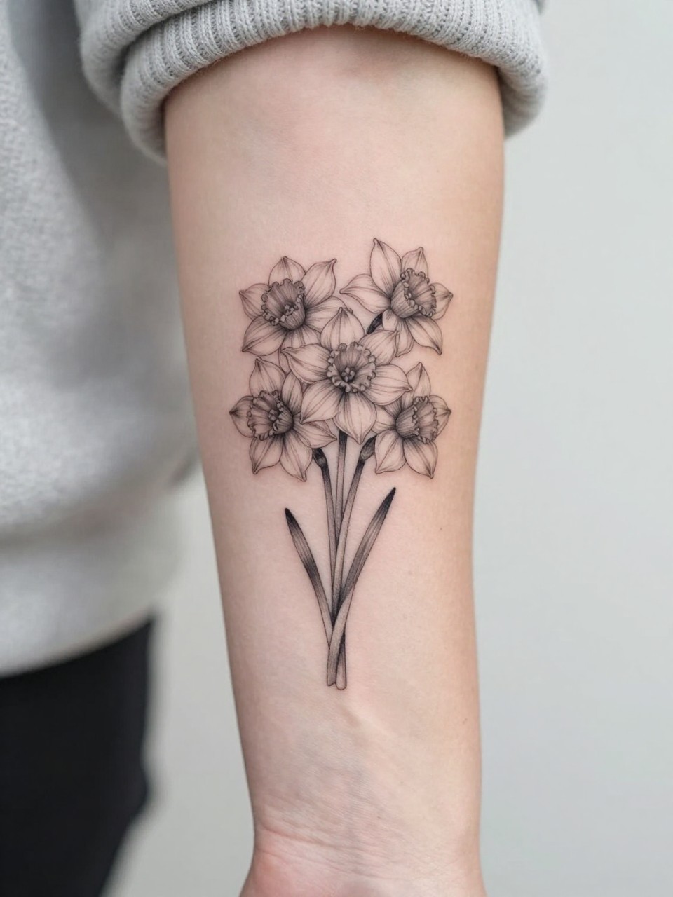 Image Prompt: "Extreme close-up of a small narcissus bouquet tattoo on the forearm, black ink fine line floral design with multiple delicate blooms, soft shading, elegant stem arrangement, realistic skin texture, neutral manicure, soft knit fabric slightly visible, design-focused tattoo inspiration photo, clean minimal background (no watermarks on images)"