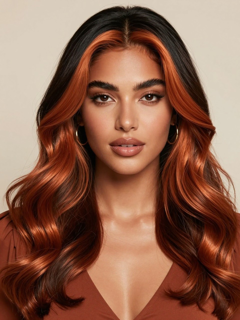 Image Prompt: A stunning woman with long two tone split hair color, one side glossy black and the other side rich copper orange, center part, soft loose curls, healthy shine, warm medium-deep skin tone, soft glam makeup, glossy nude lips, gold hoop earrings, rust-colored top, clean studio background, warm soft lighting, realistic DSLR beauty editorial portrait, detailed copper shine and strong color contrast, no text, (no watermarks on images)