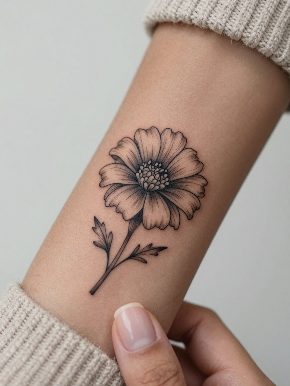 Image Prompt: "Extreme close-up of a fine line marigold flower tattoo on the inner wrist on dark skin, delicate black ink floral design with layered rounded petals, subtle grey shading, minimalist feminine style, realistic skin texture, neutral manicure, soft knit sweater sleeve slightly visible, design-focused close-up, clean soft background, modern tattoo inspiration photo, tattoo is the clear main subject (no watermarks on images)"